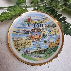 Vintage Utah Mini Souvenir Plate Mormon Pioneers Salt Lake Scenic Gold‎ Rim 4 in